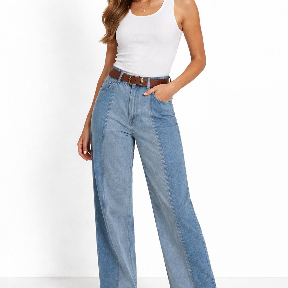 Old Navy Trouser Wide Leg Panel Jeans Two Tone Light Wash Y2K Denim Size 12 Tall